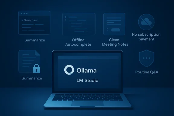 Blue laptop display showing Ollama “LM Studio” with icons for summarizing, offline autocomplete, and security features.