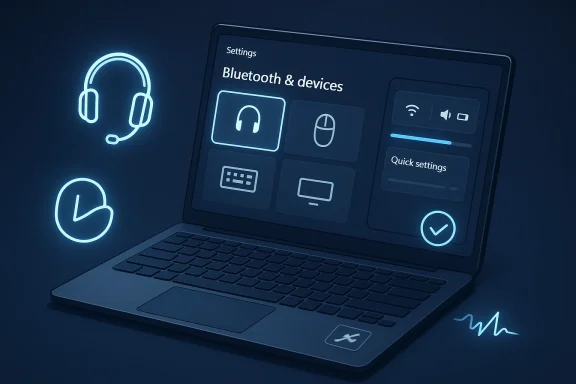 Neon-lit laptop settings screen shows “Bluetooth & devices” with wireless headset and sync icons.
