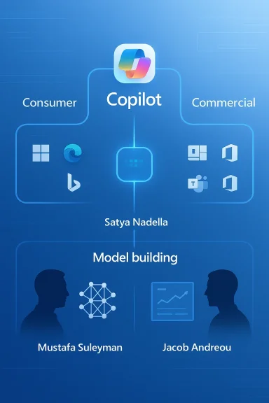 Microsoft Copilot diagram linking consumer and commercial with AI icons, model building, and names Satya Nadella.