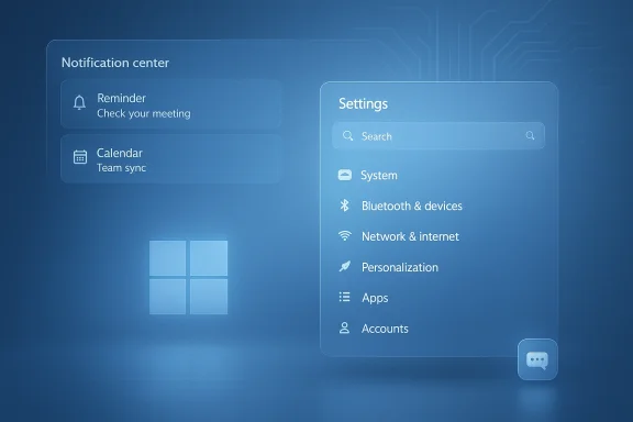 Blue notification center and settings UI with reminder, calendar, search, and system options.