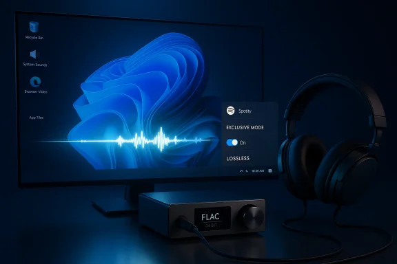 Gaming-style desktop shows Windows with audio equalizer, FLAC lossless mode on screen, and headphones and DAC.