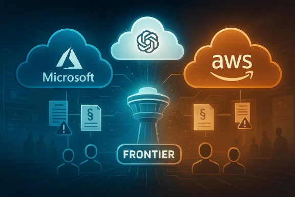 Neon cloud-computing illustration showing Microsoft on the left and AWS on the right with “FRONTIER” below. Neon cloud-computing illustration showing Microsoft on the left and AWS on the right with “FRONTIER” below.