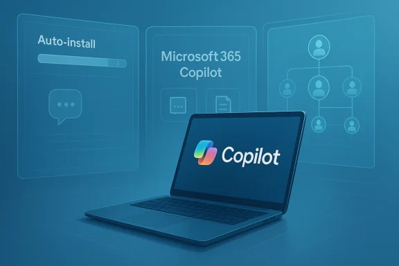 Laptop display shows Microsoft 365 Copilot with a futuristic auto-install interface backdrop.