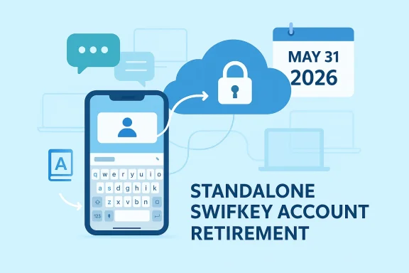 Illustration of a locked cloud, calendar date May 31 2026, and a phone with “Stand alone swift key account retirement.”