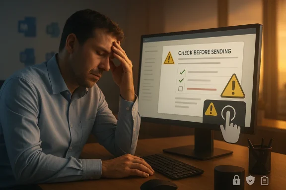 Tired man reviewing “check before sending” email warnings on a computer screen at night.