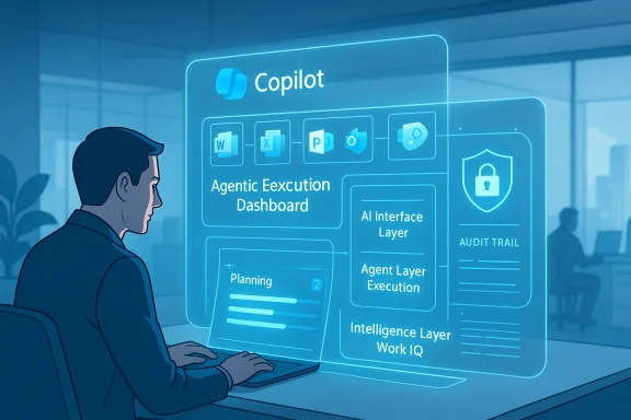 Illustration of a man using a laptop with a blue “Copilot” agentic execution dashboard UI.