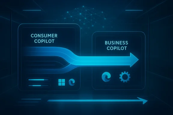 Neon digital graphic showing Consumer Copilot connected to Business Copilot via a glowing arrow.