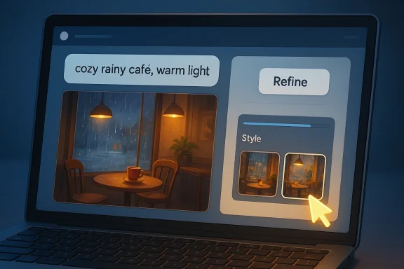 Laptop screen shows a cozy rainy café photo with warm lighting and a “Refine” style panel.