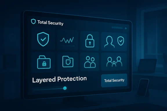 Neon “Total Security” dashboard on a computer screen showing layered protection icons.