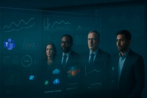 Business team in suits in a data-filled control room with glowing analytics dashboards.