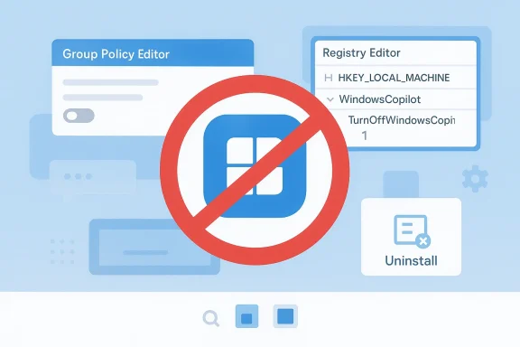 Illustration shows Windows settings tools blocked by a red prohibition sign, with “Uninstall” highlighted. Illustration shows Windows settings tools blocked by a red prohibition sign, with “Uninstall” highlighted.