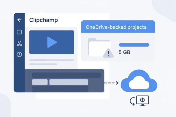 Clipchamp interface with a “OneDrive-backed projects” banner and cloud upload illustration showing 5GB.