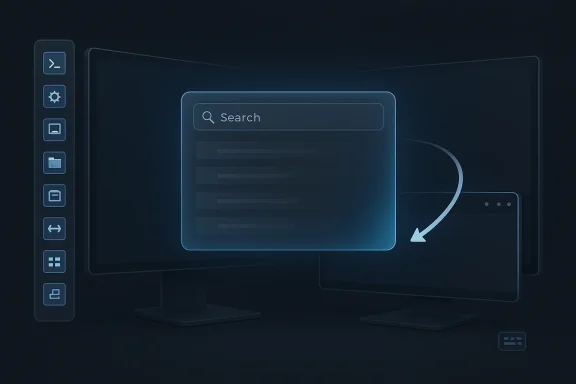 Abstract UI showing a “Search” panel on dual monitors with a side toolbar and navigation arrow. Abstract UI showing a “Search” panel on dual monitors with a side toolbar and navigation arrow.