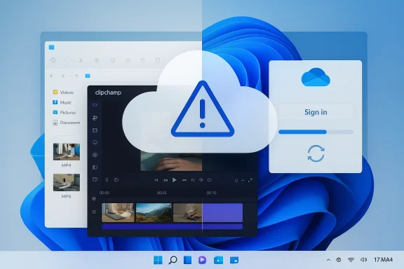 Windows-style desktop with cloud sign-in prompts and a warning icon over video-editing software.