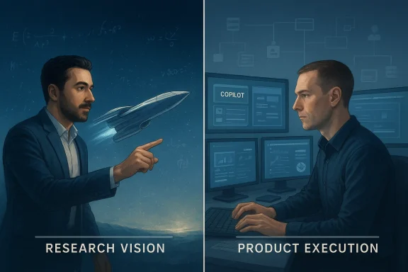 Split scene of two men: one pointing at a rocket for “Research Vision,” the other at screens for “Product Execution.”