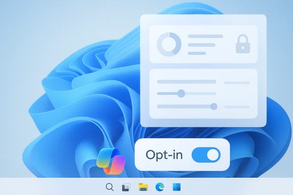 Abstract blue Windows-style interface with “Opt-in” prompt on a 3D cloud background.