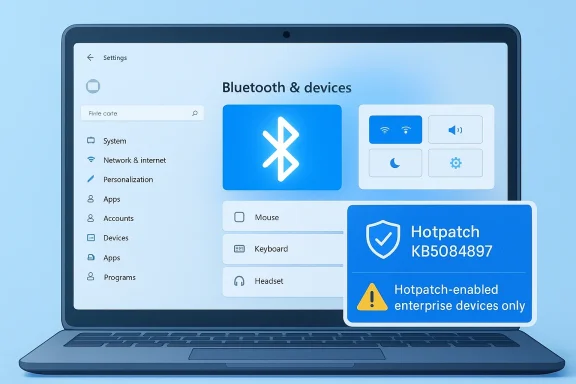 Laptop screen shows Windows Bluetooth & devices settings with a Hotpatch KB5084897 warning overlay.