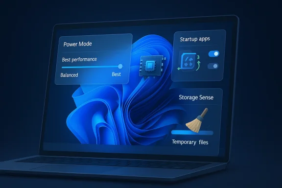 Laptop screen showing Windows performance settings: Power Mode, Startup apps, and Storage Sense with a brush icon.