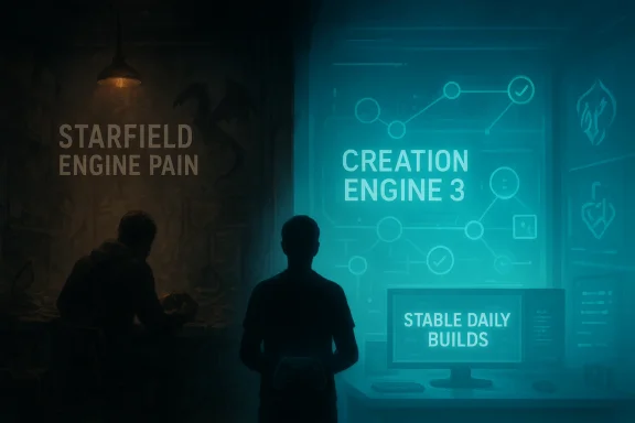 Two people stand in a dim room as holographic screens display “Creation Engine 3” and “Stable Daily Builds.”