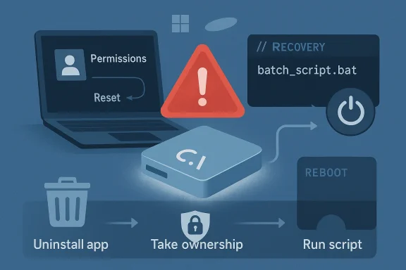 Blue network diagram shows permissions reset, reboot and run script with warnings for app ownership takeover.