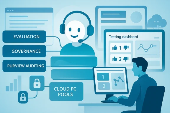 Illustration of a call-center operator using cloud dashboards labeled evaluation, governance, and testing.
