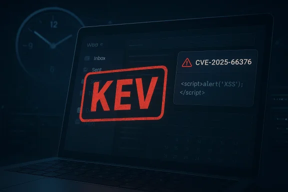 Hacker warning on a laptop screen showing “KEV” and CVE-2025-66376 vulnerability alert.