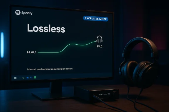 Spotify “Lossless” exclusive mode screen with DAC and headphones on a dark desk. Spotify “Lossless” exclusive mode screen with DAC and headphones on a dark desk.