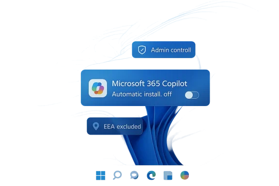 Blue Windows screen showing “Admin controll” and Microsoft 365 Copilot automatic install off.