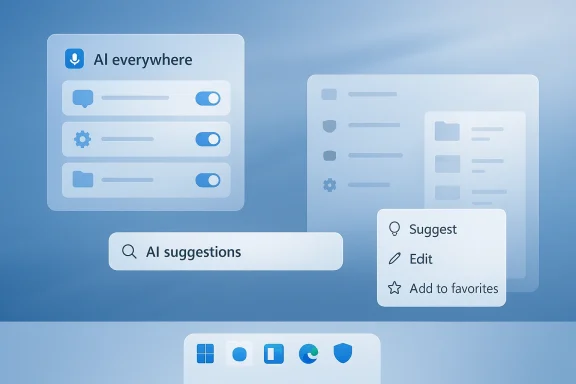 Futuristic UI mockup showing “AI everywhere” with “AI suggestions” and action buttons.