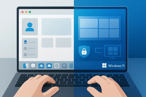 Hands type on a laptop showing Windows 11 screens with user, lock, and app tiles.