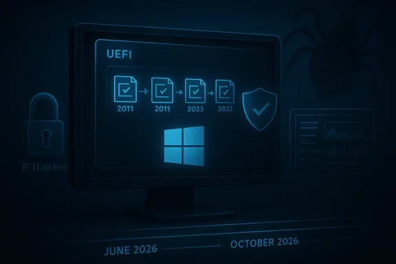 UEFI secure boot upgrade timeline showing BitLocker-protected Windows changes from 2011 to 2023.