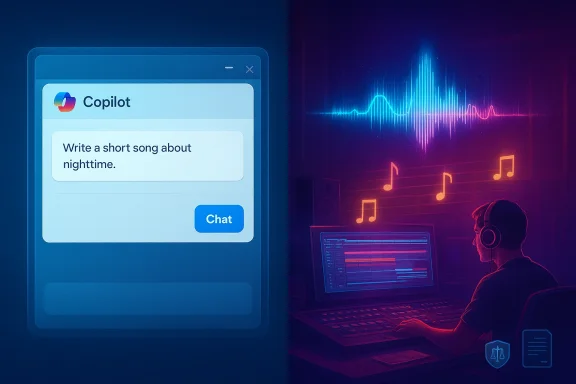 Copilot chat screen and a music studio scene with glowing audio waveforms and a producer wearing headphones.