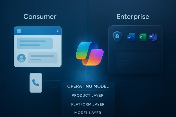 Diagram showing an operating model with consumer and enterprise layers connected by a central cloud icon.