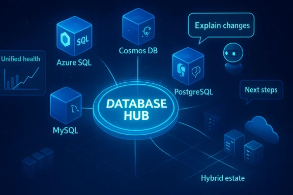 Tech-themed diagram showing a central “Database Hub” connecting Azure SQL, Cosmos DB, PostgreSQL, MySQL, and more.