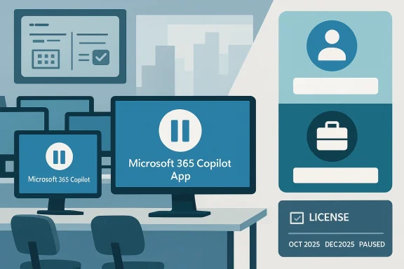 Illustration of computers displaying “Microsoft 365 Copilot App” and a license panel.