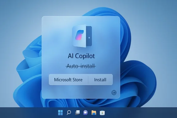 AI Copilot Auto install window on a blue Windows 11 desktop background.