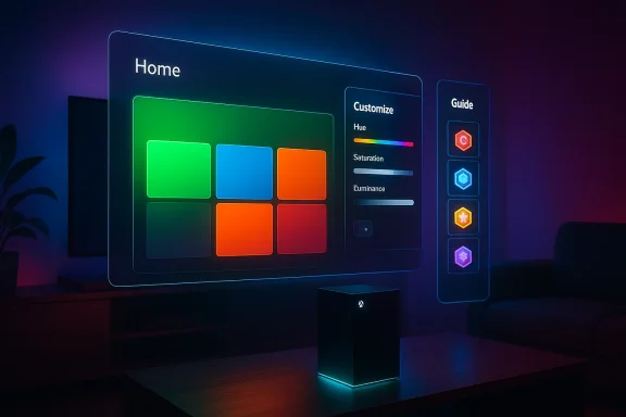 A neon-themed display shows a “Home” screen with color customization sliders and icon buttons.