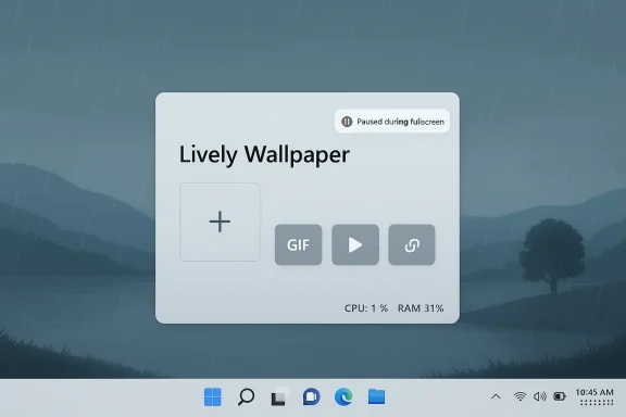 Desktop wallpaper app window titled “Lively Wallpaper” showing GIF/play/share options over a rainy mountain background.