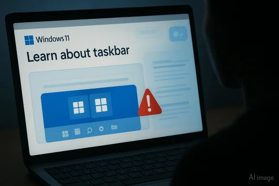 Close-up of a laptop showing Windows 11 “Learn about taskbar” with a warning icon.