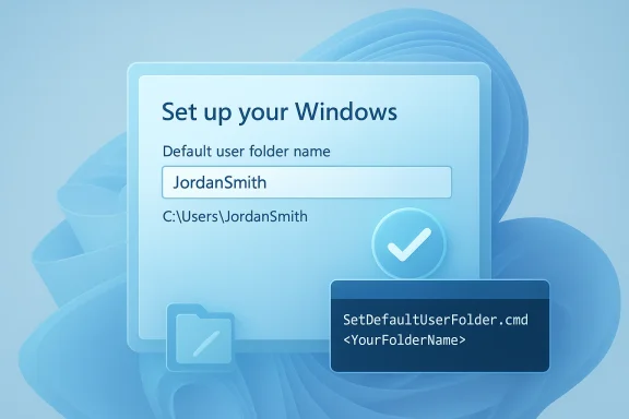 Windows setup screen asking for a default user folder name, showing “JordanSmith” and file command prompt.