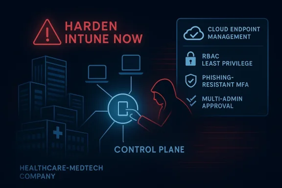 Cybersecurity themed graphic warning “HARDEN INTUNE NOW” with cloud management and control plane features.