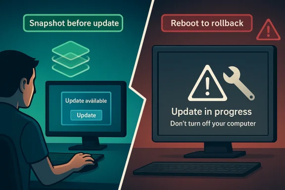 Illustration shows a computer update with “snapshot before update” vs “reboot to rollback” warning.
