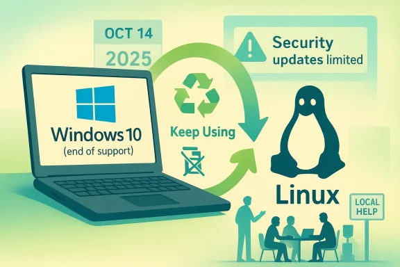 Illustration warns that Windows 10 support ends and suggests switching to Linux.
