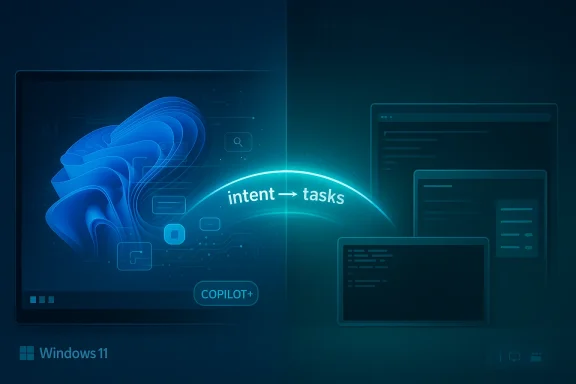 Futuristic Windows 11 Copilot+ graphic with AI intent-to-tasks interface glow in blue.