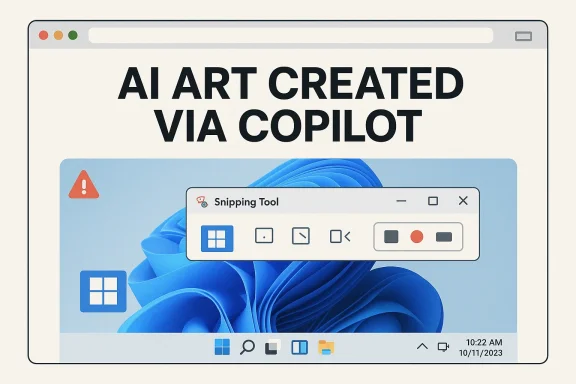 Screenshot-style graphic reading “AI ART CREATED VIA COPILOT” with a Windows 11-like desktop and Snipping Tool overlay.