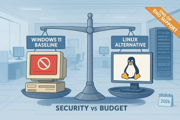 Illustration of security vs budget: Windows 11 baseline vs Linux alternative in a server room, 2026.