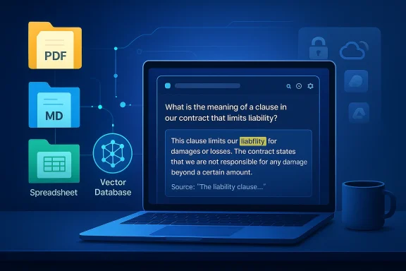 Abstract legal tech scene showing a laptop querying the meaning of a liability-limiting clause in contracts.