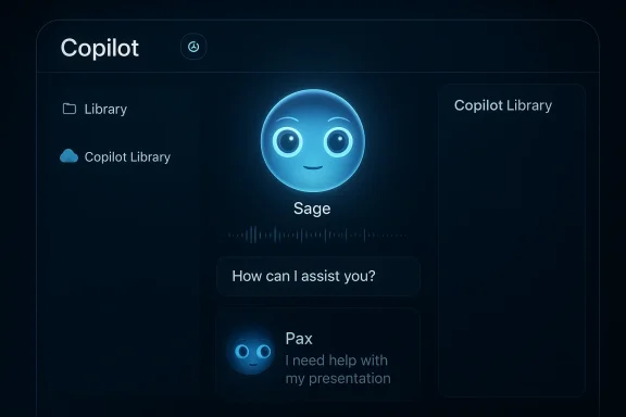 Copilot interface with the “Sage” chatbot and message prompts on a dark blue screen.