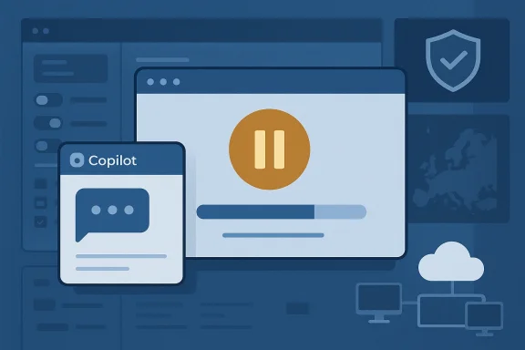 Abstract illustration of Microsoft Copilot with a shield icon and overlapping web windows on a blue background.