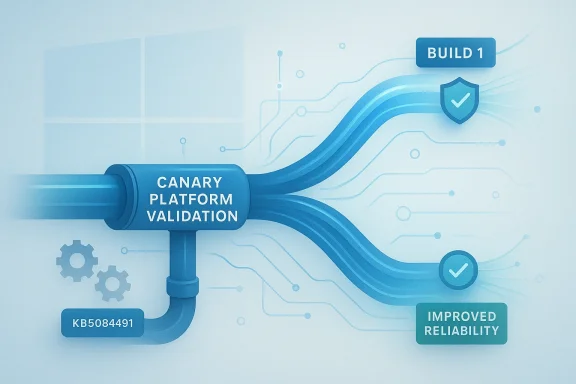 Blue tech illustration showing “Canary Platform Validation” with “Build 1” and “Improved Reliability” icons.